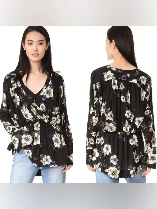 Free People Tuscan Dreams Tunic Dress M Black Floral Boho Mini Festival Flowy - Picture 9 of 10